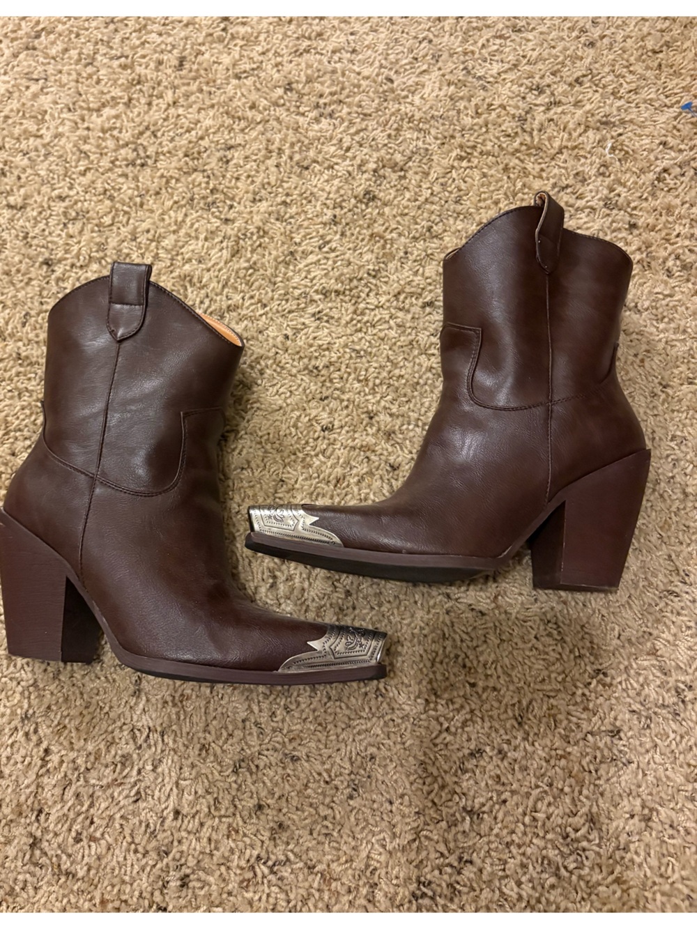 Chestnut Brown Western-Inspired Ankle Booties with Metal Toe Accent - Picture 1 of 4